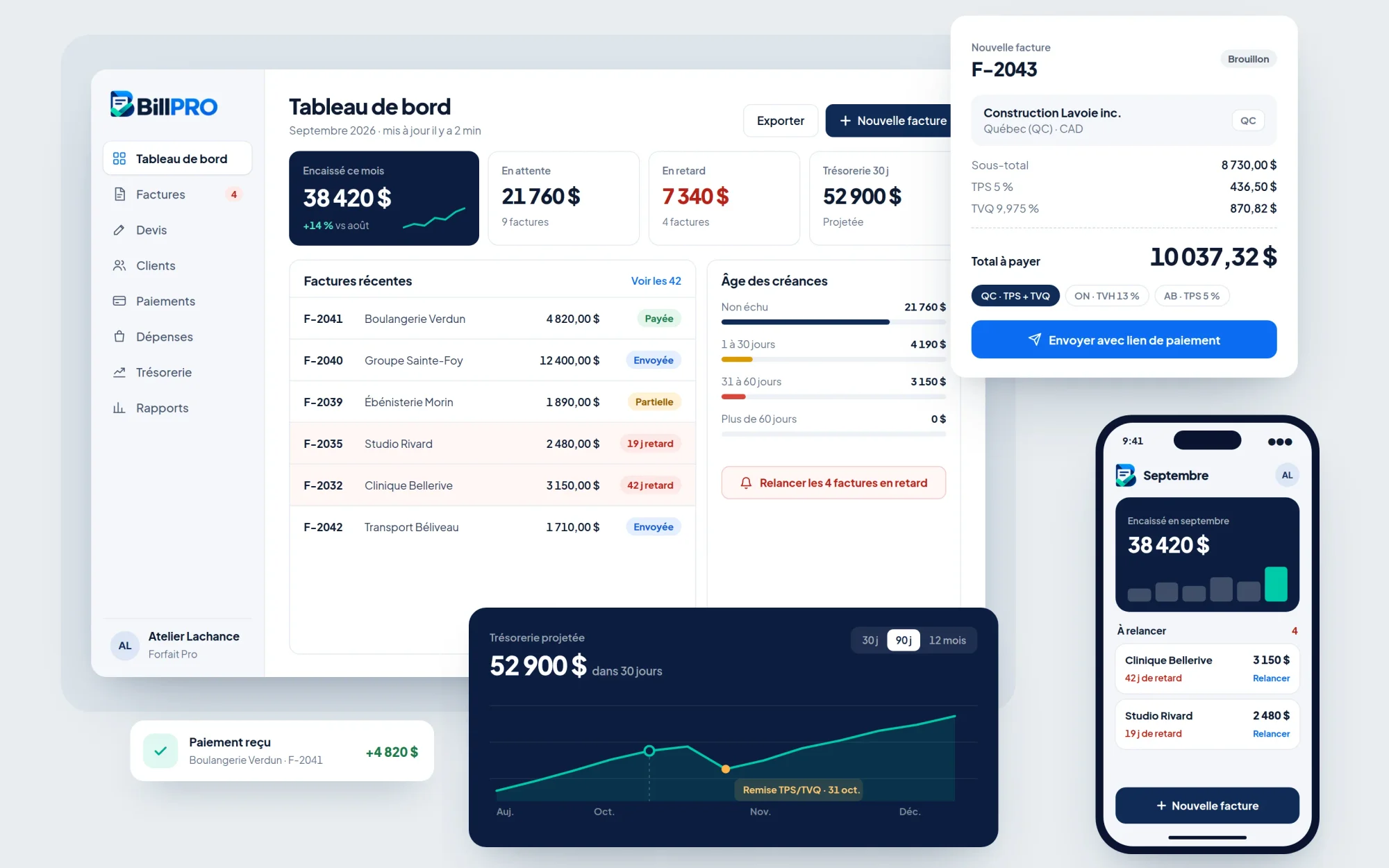 Visuel conceptuel d’une interface de gestion des factures BillPRO