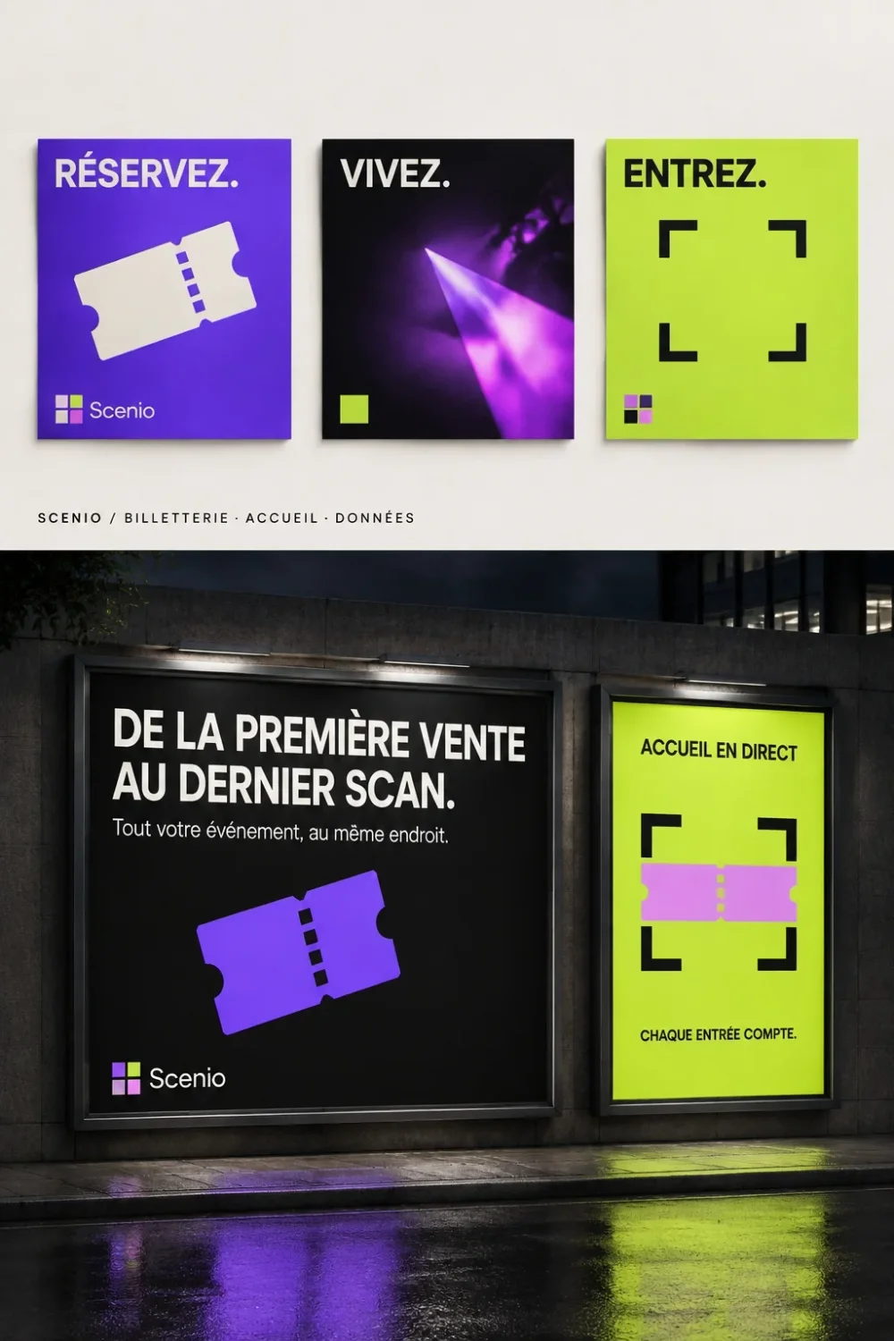 Visuel de campagne conceptuel Scenio : billets, accueil et contrôle d’accès