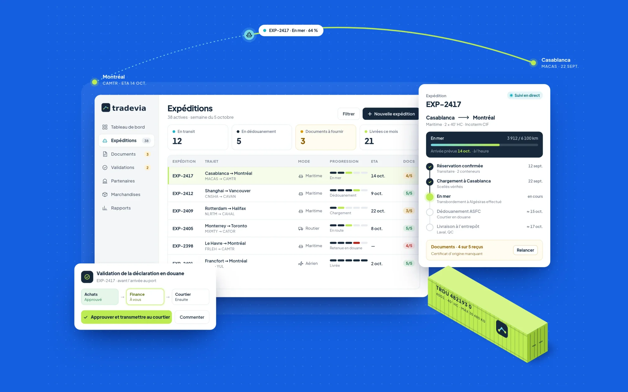 Visuel conceptuel Tradevia illustrant le suivi d’expéditions